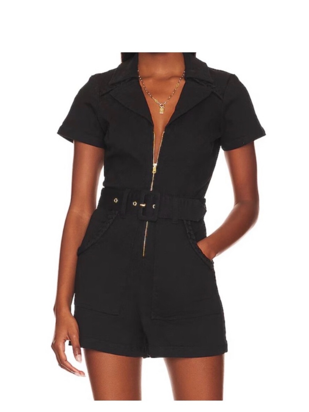 Show Me Your MuMu Black Short-Sleeve Belted Romper